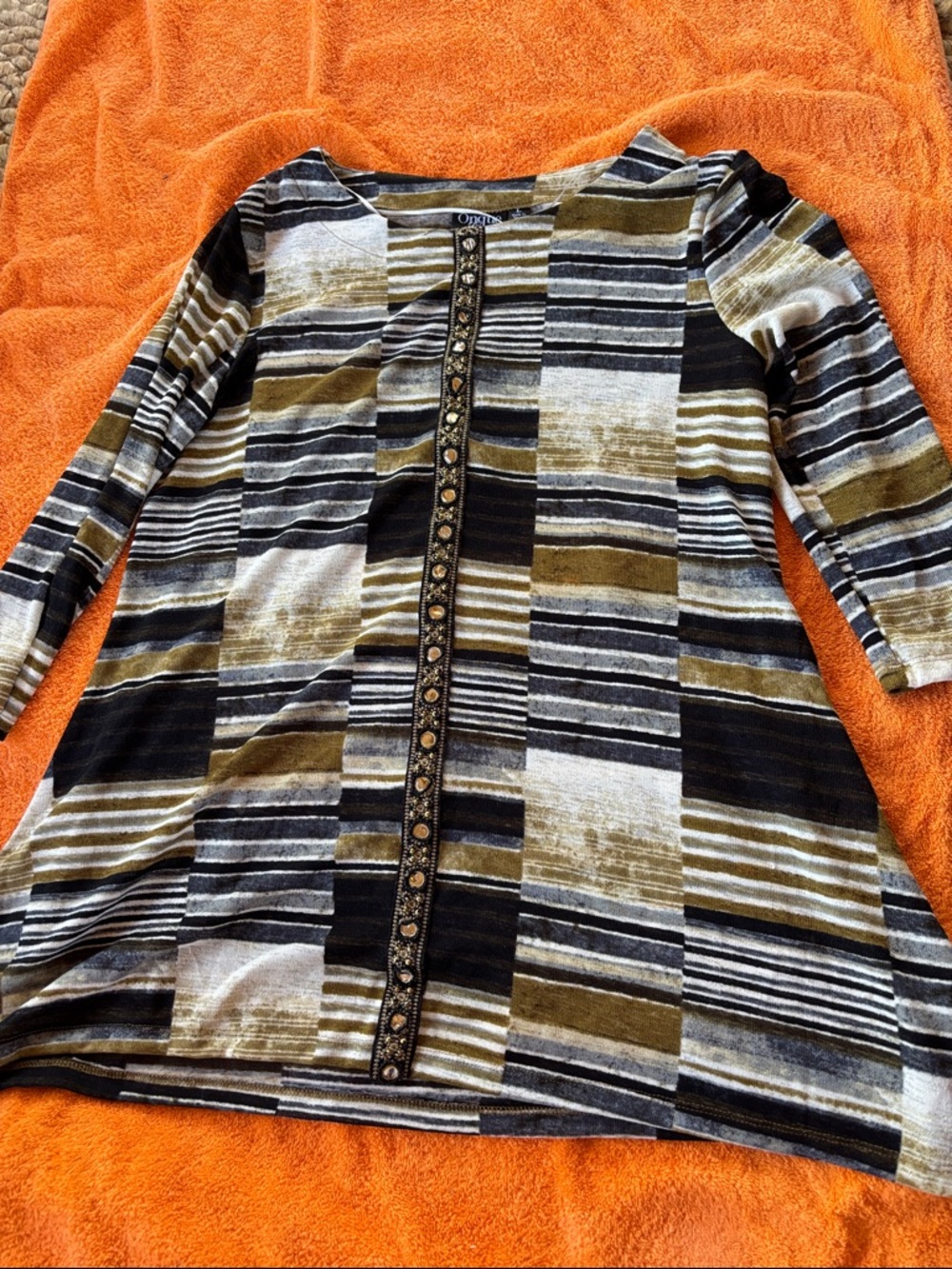 Onque Casuals Striped Patchwork Tunic in Black, White & Olive